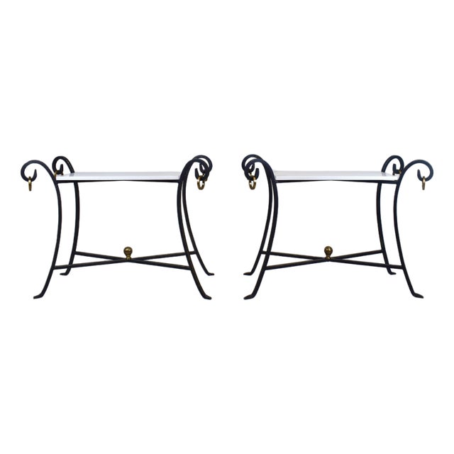 French Modern Style Wrought Iron Tables With White Stone Tops For Sale