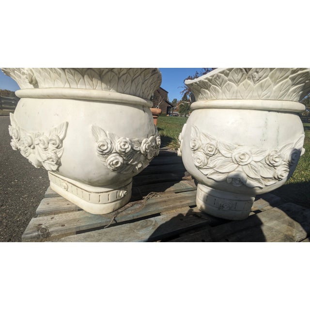 Monumental Italian Rose Marble Jardinières Garden Planters - Set of 2 For Sale - Image 11 of 12