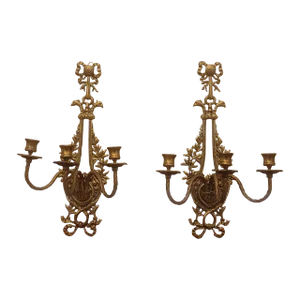 Pair of French Empire Louis XV 3-Arm Bronze Wall Candle Sconces, Circa 1910s