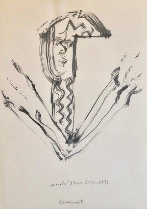 André Thomkins, 70s Modernist Swiss Dada Surrealist Painting Signed Andre Thomkins Brush Drawing, 1979