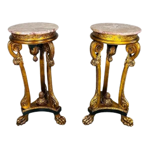 Pair of Empire-Style Marble Top Gold Gilt & Painted Pedestals