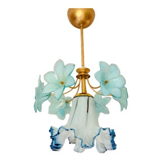 Vintage Custom Hand-Painted Italian Murano Style Light Blue Floral Pendant - Restored For Sale