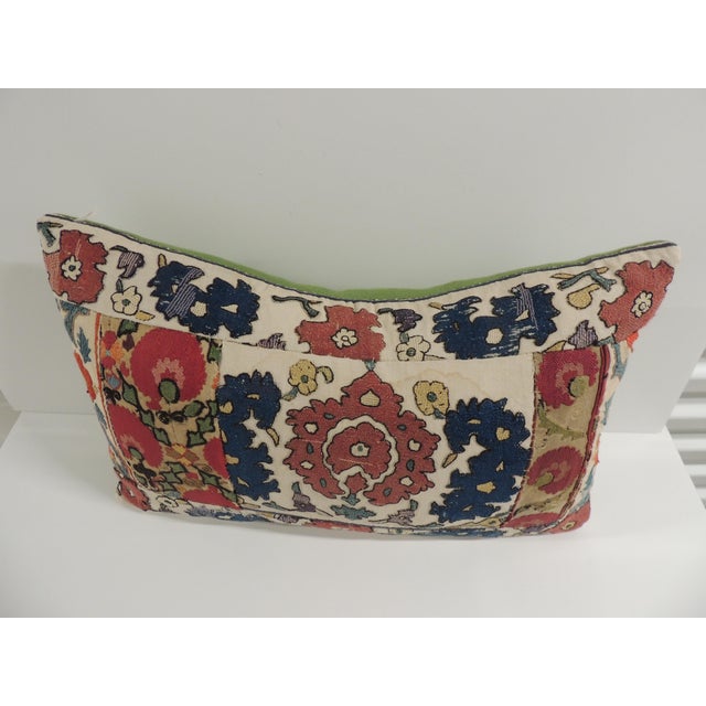 Antique One-of-the-Kind Suzani Patchwork Decorative Lumbar Pillow. Hand-stitched textile fragments. Green linen backing....