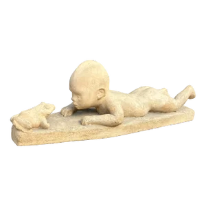 1970’s Original Clay Baby With Frog Sculpture