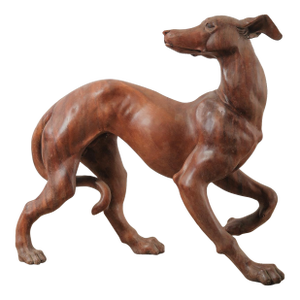 Hand-Carved Wooden Dog Sculpture in Dynamic Running Pose