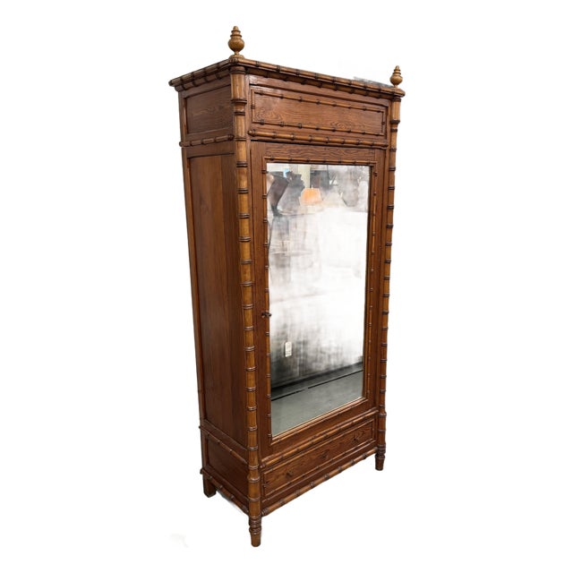 R. J. Horner Style Victorian Faux Bamboo Pine Mirrored Armoire For Sale