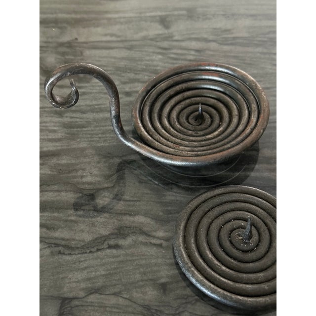 Vintage 20th Century Medieval/Rustic Hand Forged Iron Spiral Candle/ Votive Holder- Pair of 2 For Sale - Image 10 of 11