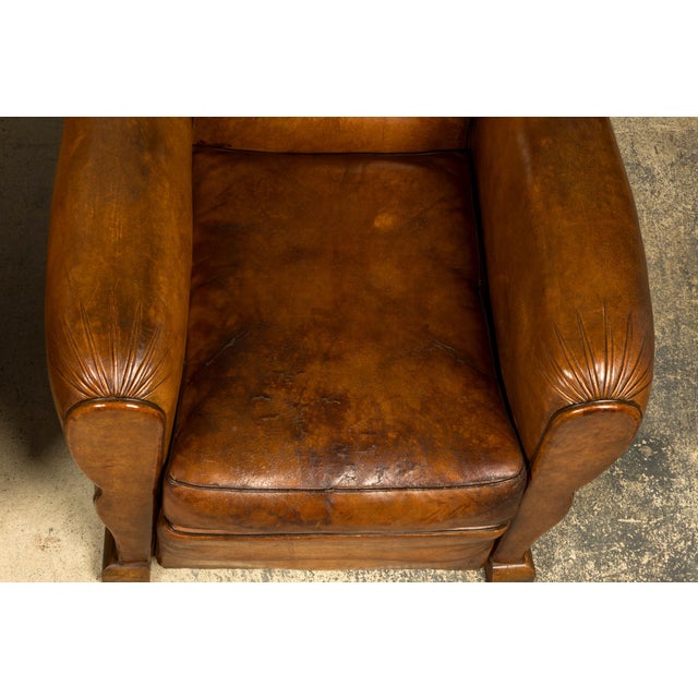 1920s French Art Deco Scalloped Back Cognac Leather Club Chairs – A Pair For Sale - Image 4 of 18