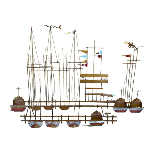 Curtis Jere 1980s Curtis Jere Nautical Wall Sculpture – Brass Sailboats & Seagulls Harbor Scene For Sale - Image 4 of 18