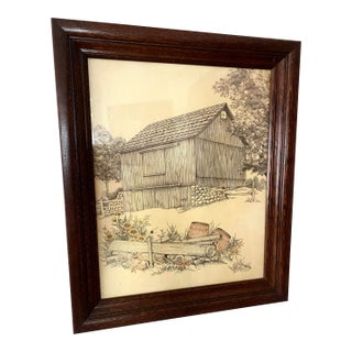 Vintage Ethan Allen F Massa Print of Country Scene With a Barn/Farmhouse, Wildflowers, Fence and Barrel Excellent Vintage Condition For Sale