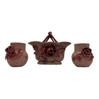 Rare Signed Antique 1880s English Samuel Lear "Mossed Ware" Sand Majolica 3-Piece Garniture Set For Sale
