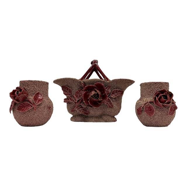 Rare Signed Antique 1880s English Samuel Lear "Mossed Ware" Sand Majolica 3-Piece Garniture Set For Sale