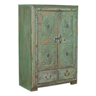 Antique Indian Painted Teakwood Small Armoire, C. 1880 For Sale