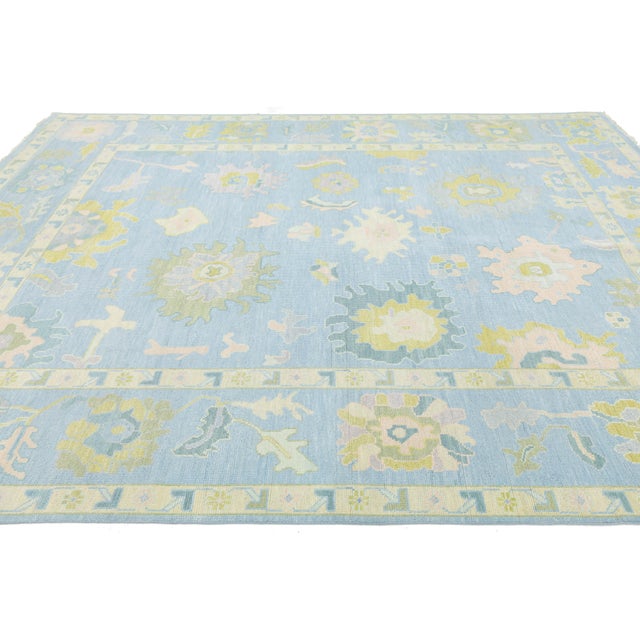 Modern Oushak Style Hand-Knotted Wool Area Rug - Powder Blue & Citron Floral For Sale In New York - Image 6 of 10