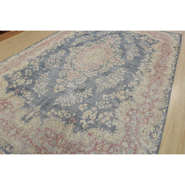 Farmhouse Kerman Rug 9’7” X 13’10” Blue Wool Vintage Distressed Hand-Knotted Carpet For Sale - Image 3 of 15