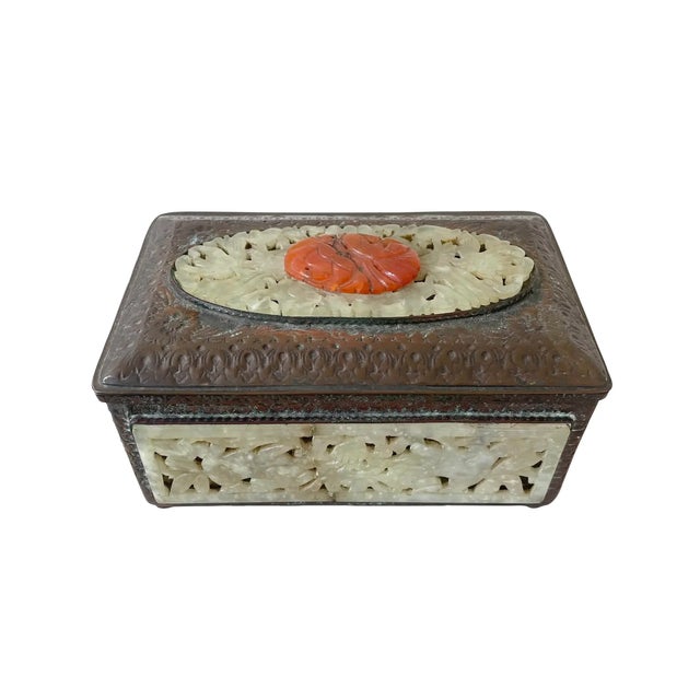 Rare Chinoiserie 19th Century Carved Jade and Carnelian Copper Box For Sale - Image 4 of 10