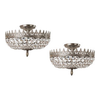 1960s Spanish French Empire Nickel Plated Brass Crystal Basket Semi Flush Mounts - A Pair For Sale