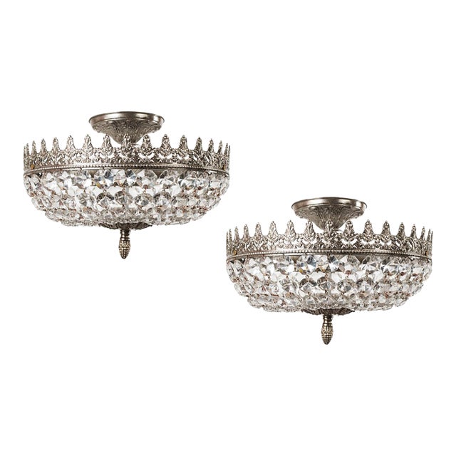 1960s Spanish French Empire Nickel Plated Brass Crystal Basket Semi Flush Mounts - A Pair For Sale