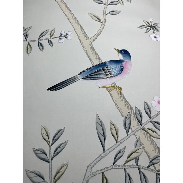 Chinoiserie Hand-Painted Chinoiserie Wallpaper Panel With Birds, Blossoms & Branches For Sale - Image 3 of 3