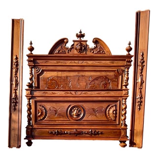 Antique French Hand Carved Solid Walnut Full/Double Size Bed For Sale