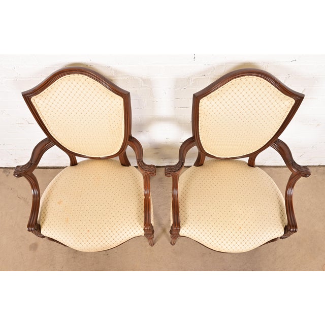 Late 20th Century Baker Furniture Style French Regency Louis XVI Carved Walnut Shield Back Armchairs, Pair For Sale - Image 5 of 13