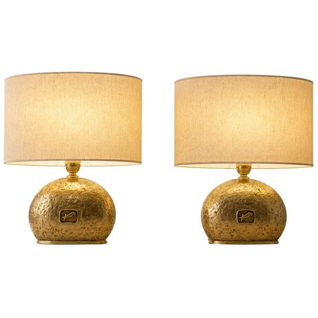 Italian Lamps in Cast Brass with Oval Lampshades, 1970s, Set of 2 For Sale - Image 9 of 9
