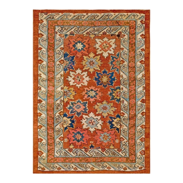 1890s Red Raspbery Geometric Tribal Antique Caucasian Zeychor Rug 3'5" X 4'7" Wool Carpet For Sale