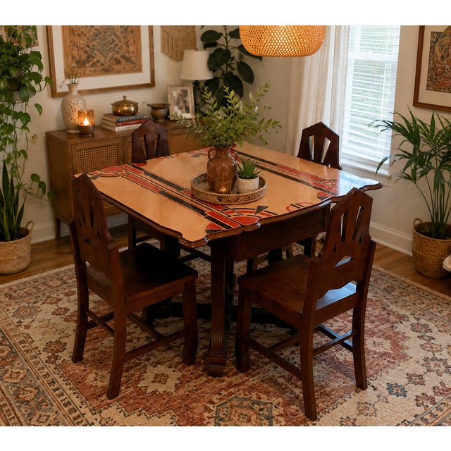 Absolutely stunning vintage Art Deco dining set featuring a striking geometric enamel tabletop and four matching solid...