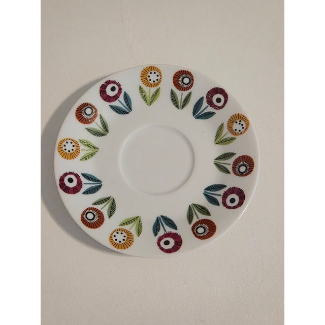 Designed by Eva Bladh for Karlskrona Porslinsfabrik, these charming Bellis saucers feature stylized Scandinavian flowers...