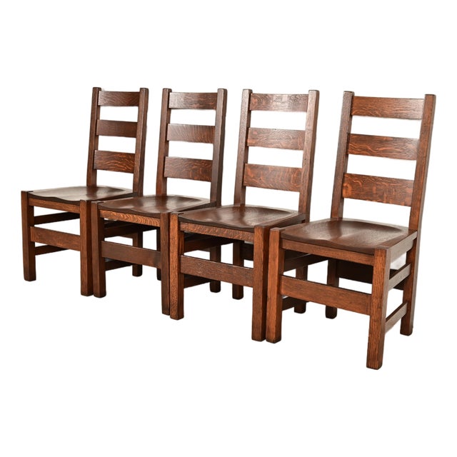 Stickley Brothers Antique Mission Oak Arts & Crafts Ladder Back Dining Chairs, Newly Refinished For Sale
