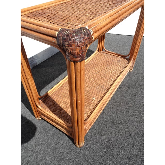 Vintage Rustic Console Sofa Table Tiki Palm Beach Style W Bamboo Rattan Leather For Sale - Image 9 of 11