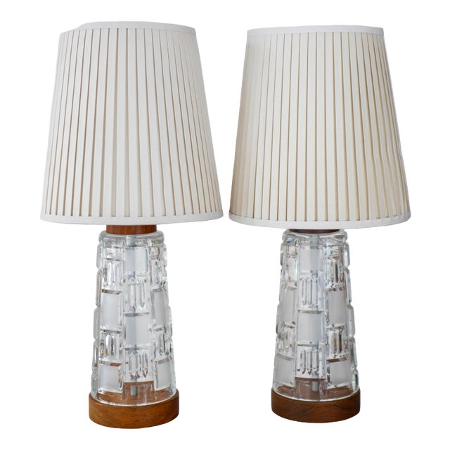 Mid-Century Modern Scandinavian Teak and Glass Table Lamps, Set of 2 For Sale