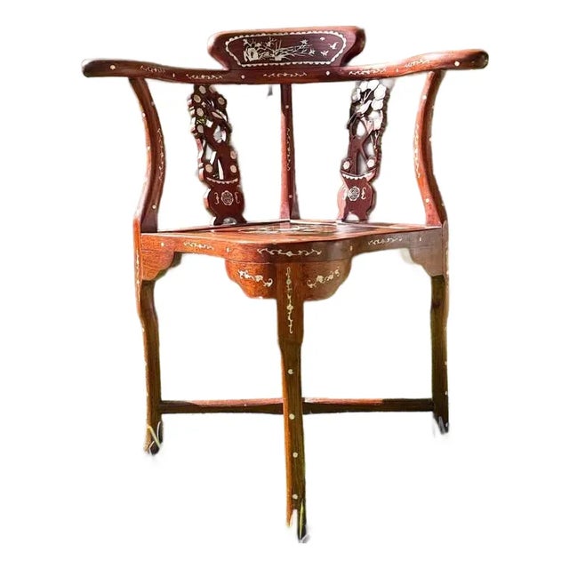 Chinese Rosewood Corner Chairs With Mother-of-Pearl Inlay, C. 1940 For Sale