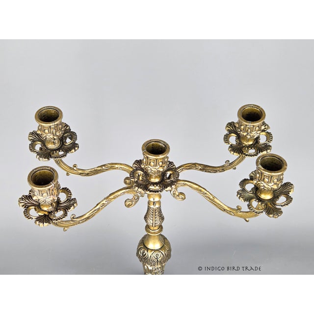 Shabby Chic Antique Italian Ornate Gold Candelabra 5 Arms With Koi Fish and Flower Accents For Sale - Image 3 of 11