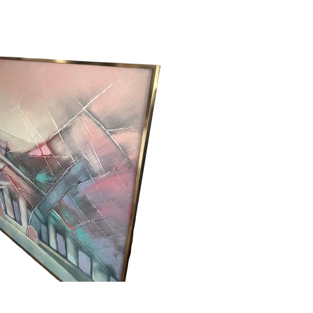 Lee Reynolds Vintage Large Postmodern Abstract 1980s Memphis Lee Reynolds Wall Art Canvas Oil Painting Brass Frame 80s For Sale - Image 4 of 10