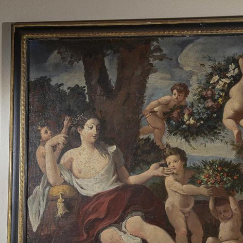 This sumptuous antique oil painting on canvas depicts a complex and lively allegorical country scene. The work depicts a...