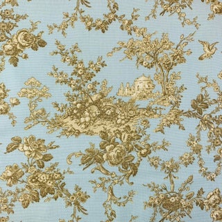 Designer P Kaufmann Aqua Brown Cream & Tan French Country Scenic Toile Fabric- Sample For Sale