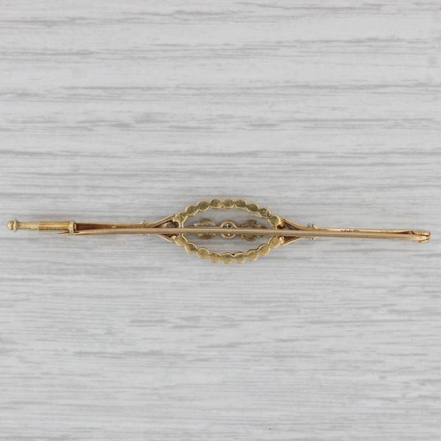 Modern Vintage Pearl Diamond Bar Pin 14k Yellow Gold Brooch For Sale - Image 3 of 5