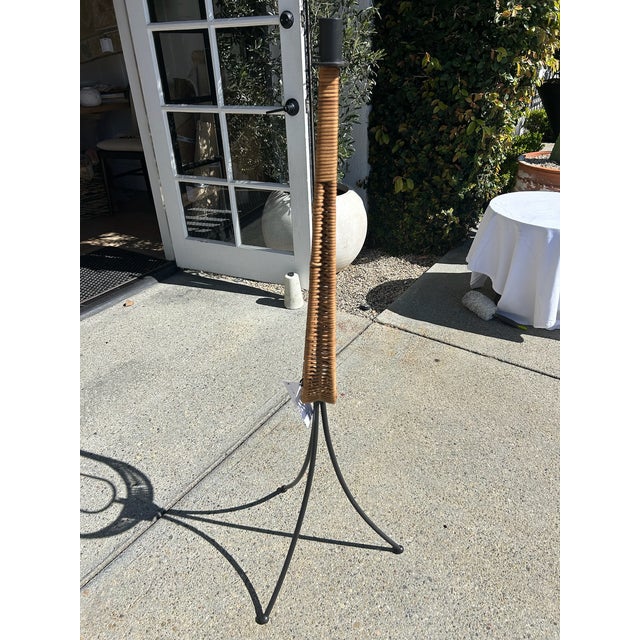 Black Vintage Arthur Umanoff Wrought Iron & Rattan Floor Candelabra For Sale - Image 8 of 12