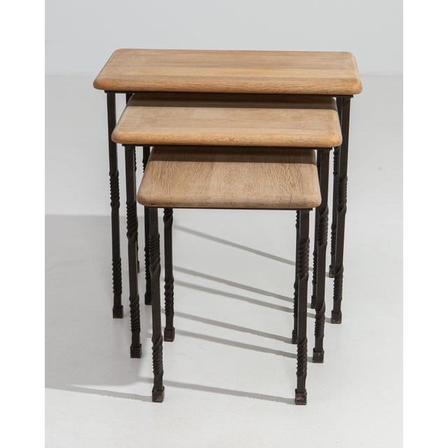 1970s Set Of Three Cast Iron Nesting Tables With Wooden Tops For Sale - Image 4 of 13