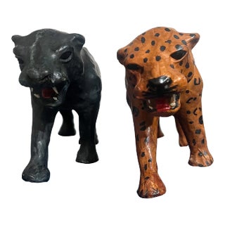 Mid-Century Folk Art Leather and Paper Mache Big Cat Figures - A Pair For Sale