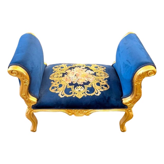 Vintage Mini Velvet Royal blue Stool For Sale