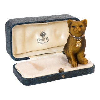 Early Fabergé Tiger's Eye Cat With Diamond Gold Collar & Sapphire Eyes, c.1880 For Sale