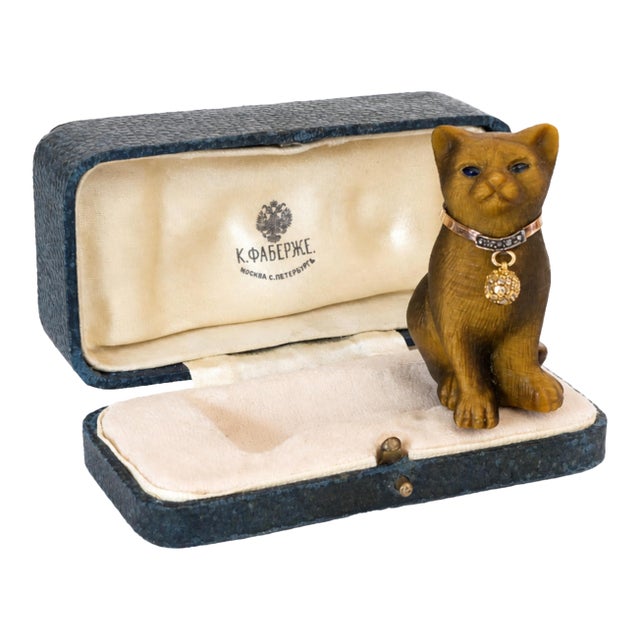 Early Fabergé Tiger's Eye Cat With Diamond Gold Collar & Sapphire Eyes, c.1880 For Sale