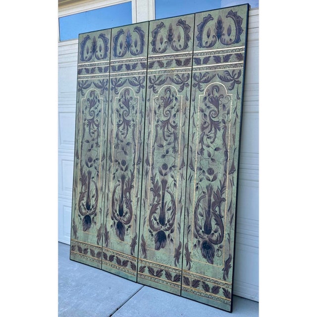 1920s Italian Art Deco Chinoiserie Four-Panel Hand-Painted Screen With Gold Gilt – Sage Green For Sale - Image 14 of 18