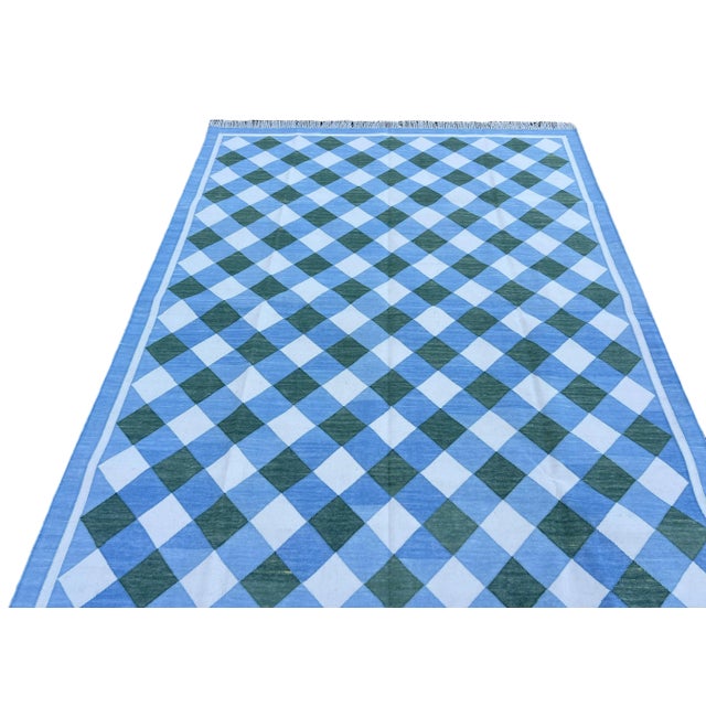 Sky Blue Handmade Cotton Area Rug, Forest Green, Sky Blue and Cream Small Checked Dhurrie - 9'x12' For Sale - Image 8 of 13