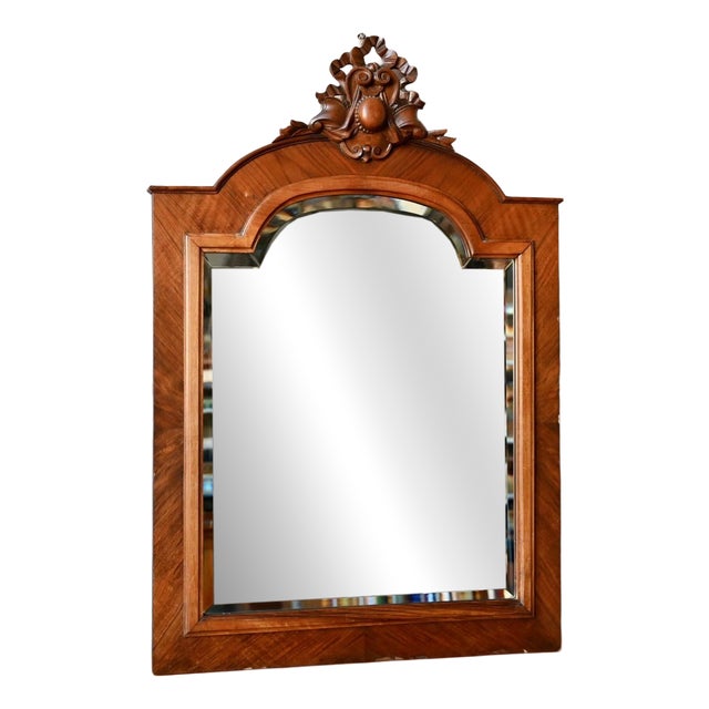 Antique Wall Mirror in Carved and Beveled Oak and Fortin Veneer, 1930s For Sale