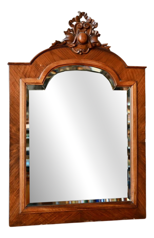 Antique Wall Mirror in Carved and Beveled Oak and Fortin Veneer, 1930s