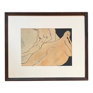 Anna Poulos (American 1933 - 2003) Modernist Abstract Figural Ink Drawing and Watercolor Painting of Two Nude Women Dated 1966 For Sale