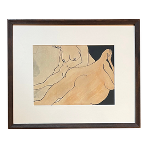 Anna Poulos (American 1933 - 2003) Modernist Abstract Figural Ink Drawing and Watercolor Painting of Two Nude Women Dated 1966